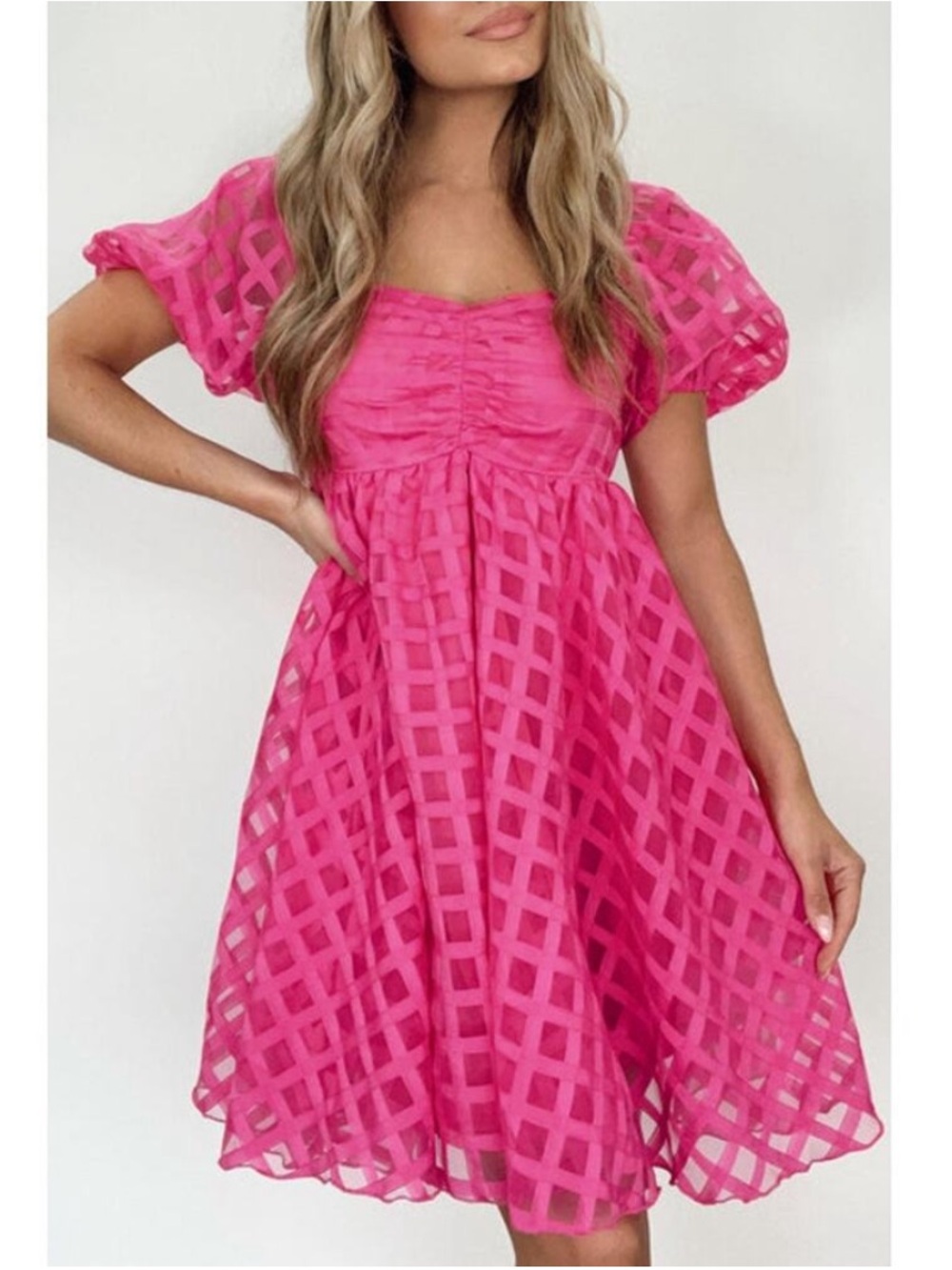 Baevely Fuchsia Pink Check-Pattern Puff Sleeve Dress